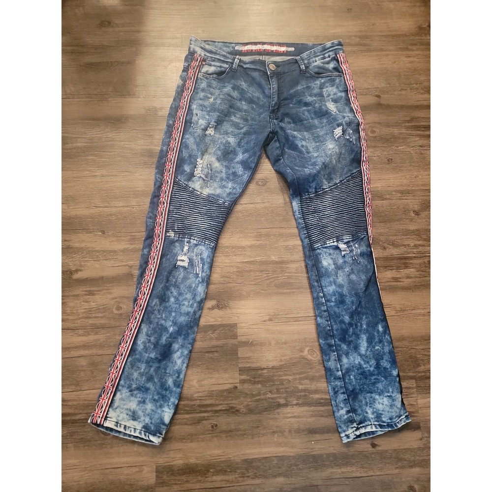 Royal Spirit Mens Moto Jeans Acid Wash Union Jack Side Stripe Distressed Blue 32
